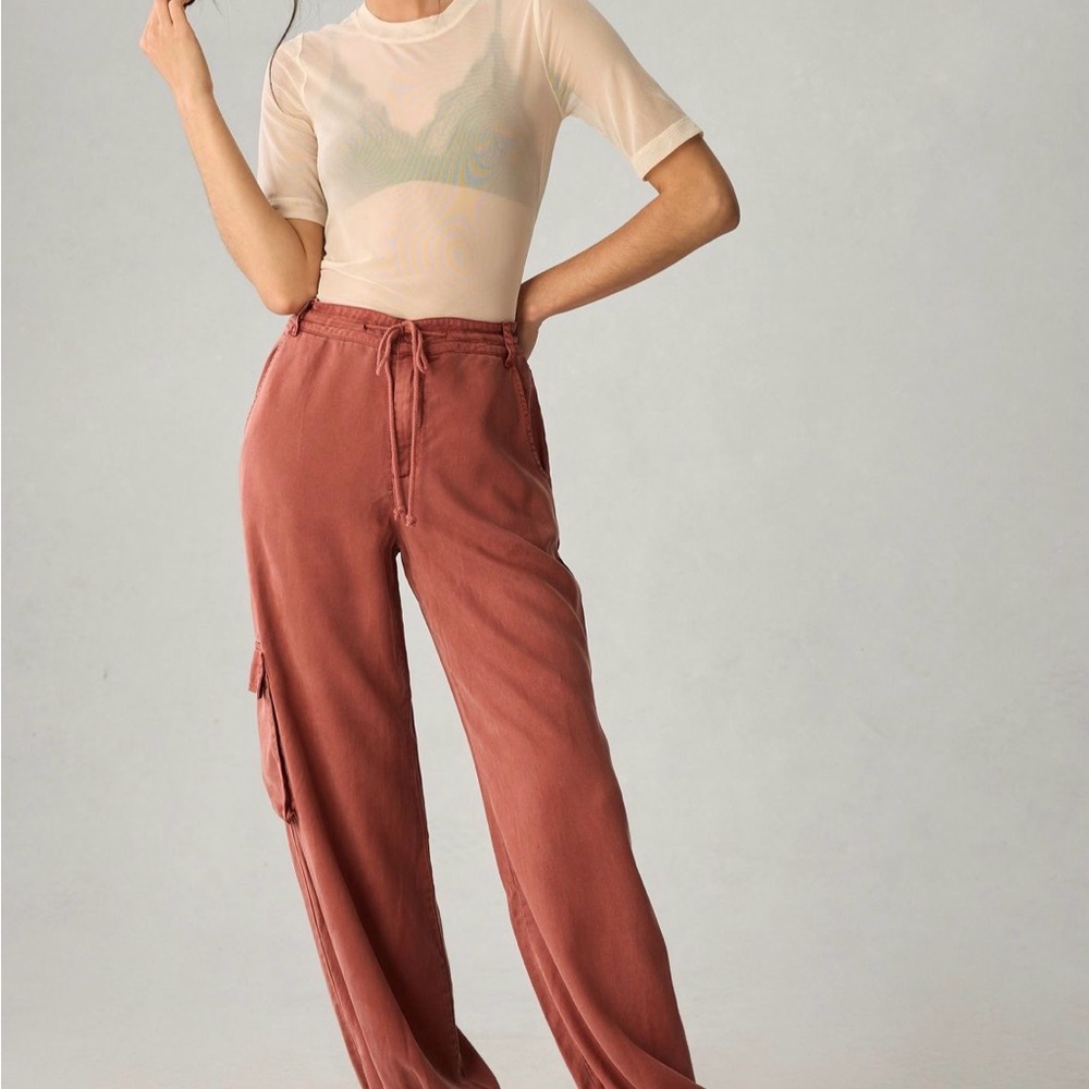 On The Road  Anthropologie drawstring ankle cargo pants sz L NWT coral brown